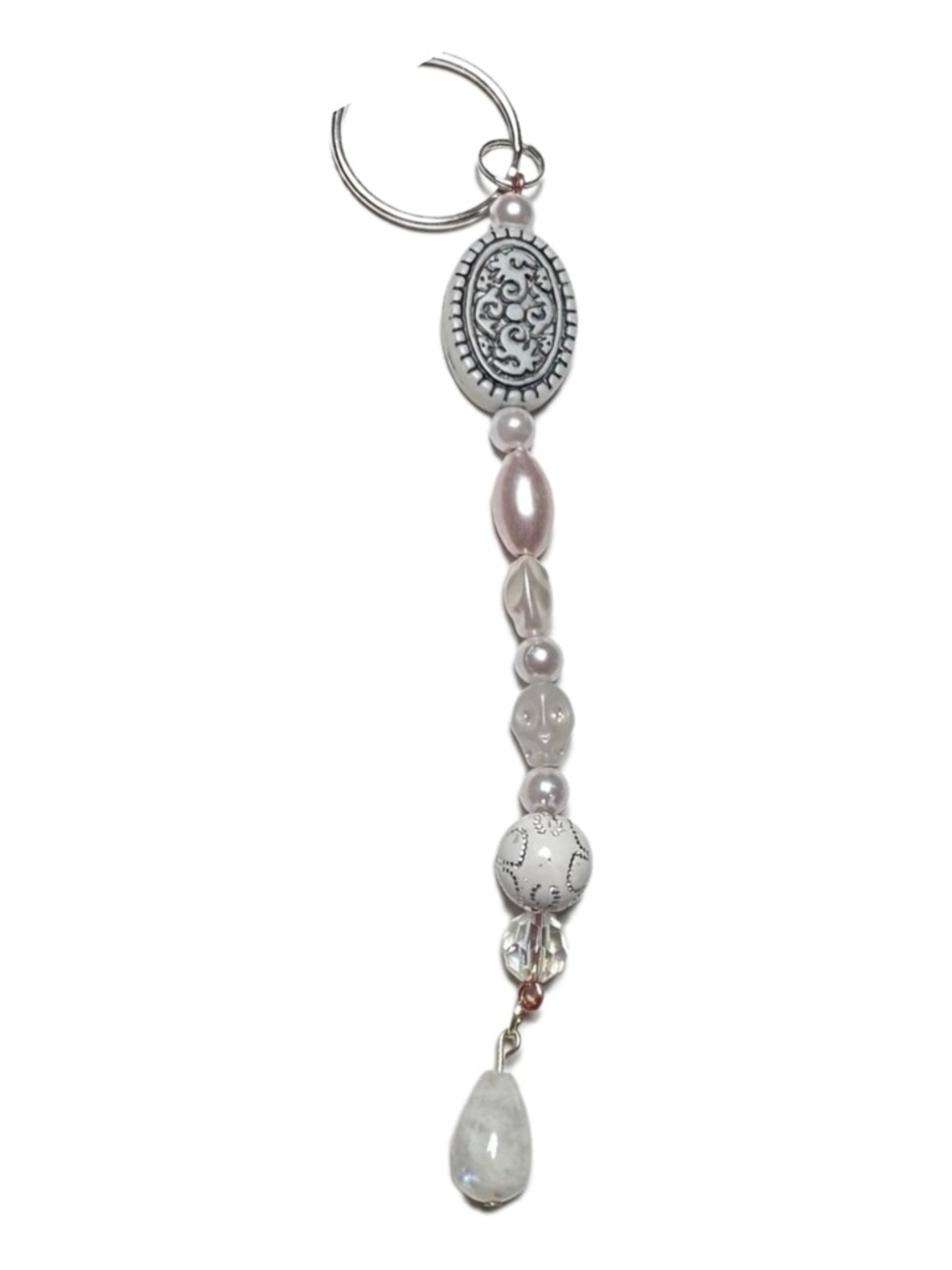 Skull and rainbow moonstone keychain handmade copper white